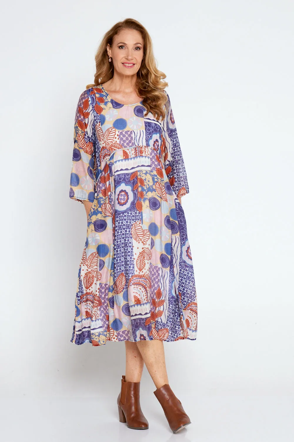 Sleeved Waterhouse Dress - Purple Patchwork