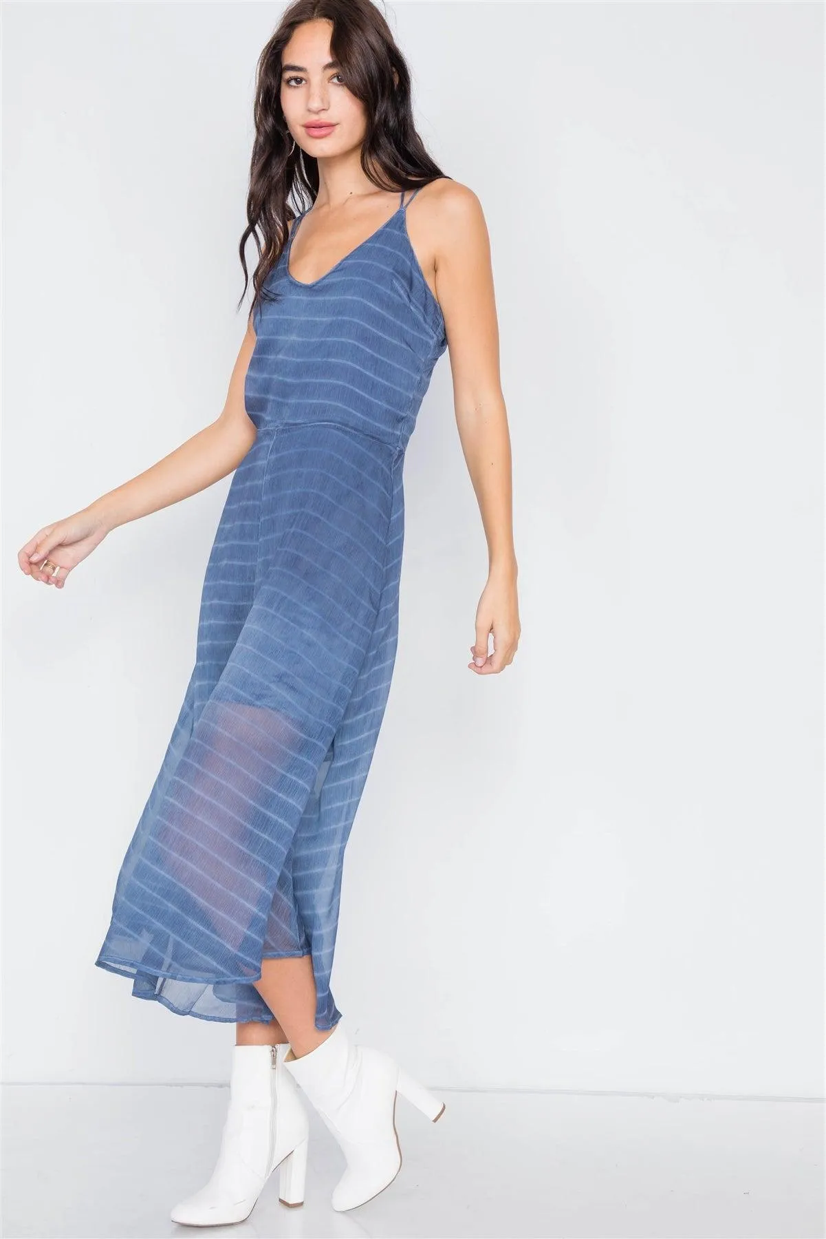 Sleeveless Contrast Stripes Sheer Flare Leg Jumpsuit