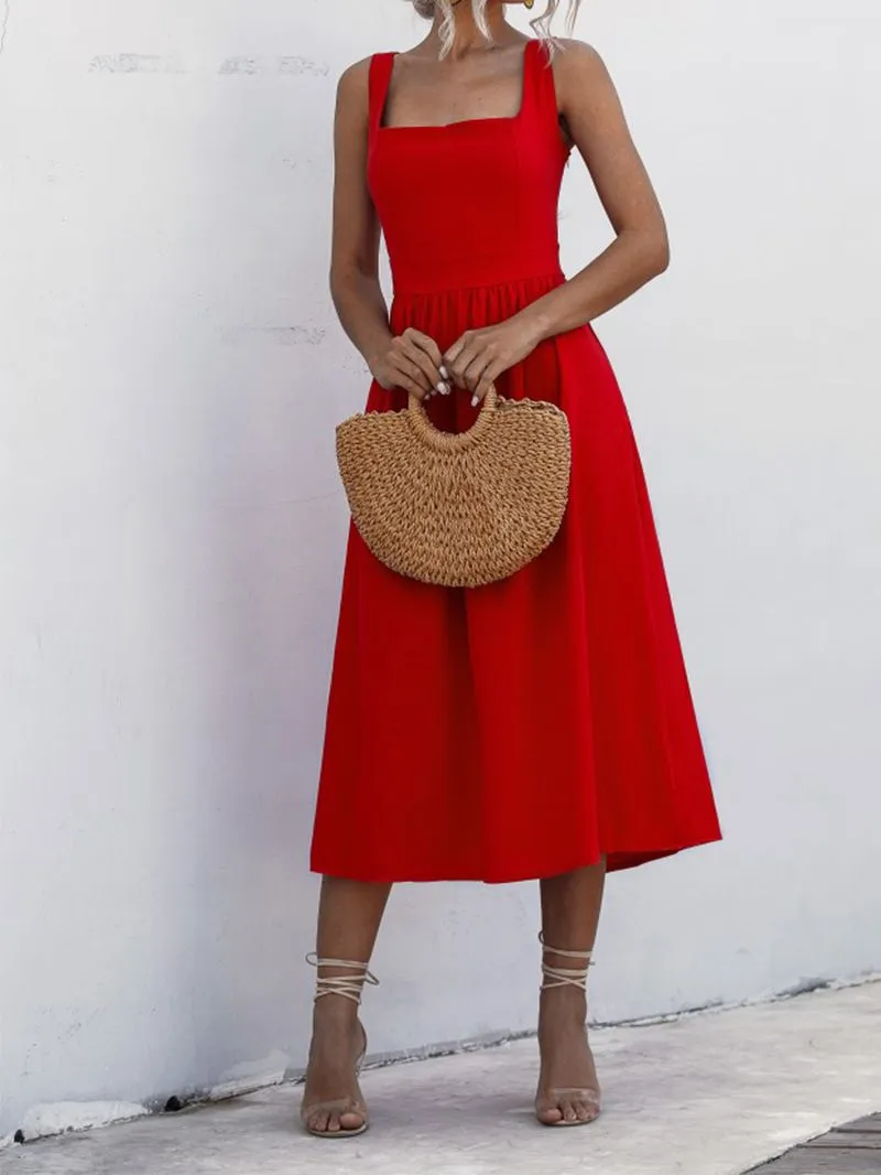 Slim Fit Wide Strap Square Neck Ruched Waist Midi Dress