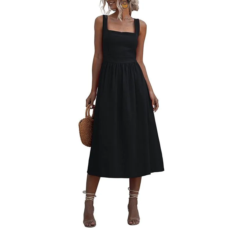 Slim Fit Wide Strap Square Neck Ruched Waist Midi Dress