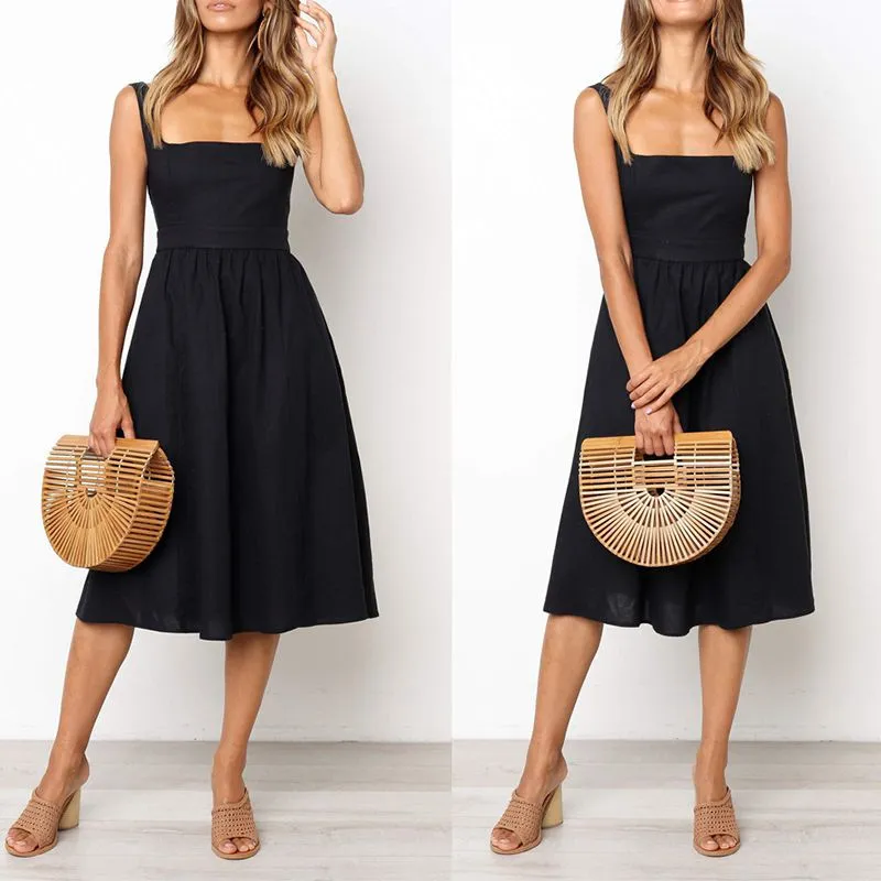 Slim Fit Wide Strap Square Neck Ruched Waist Midi Dress