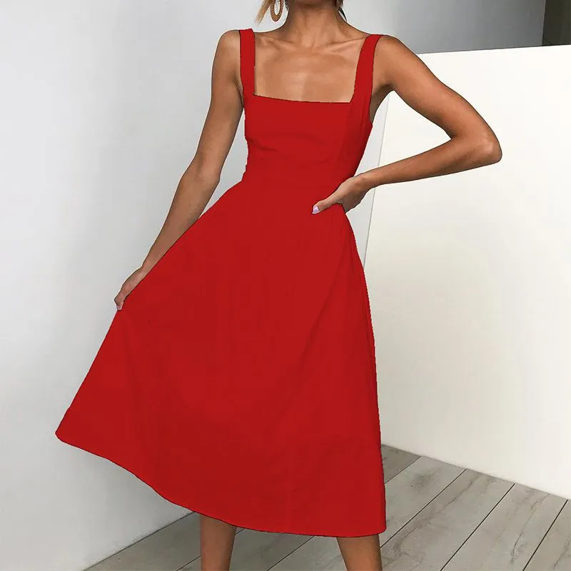 Slim Fit Wide Strap Square Neck Ruched Waist Midi Dress