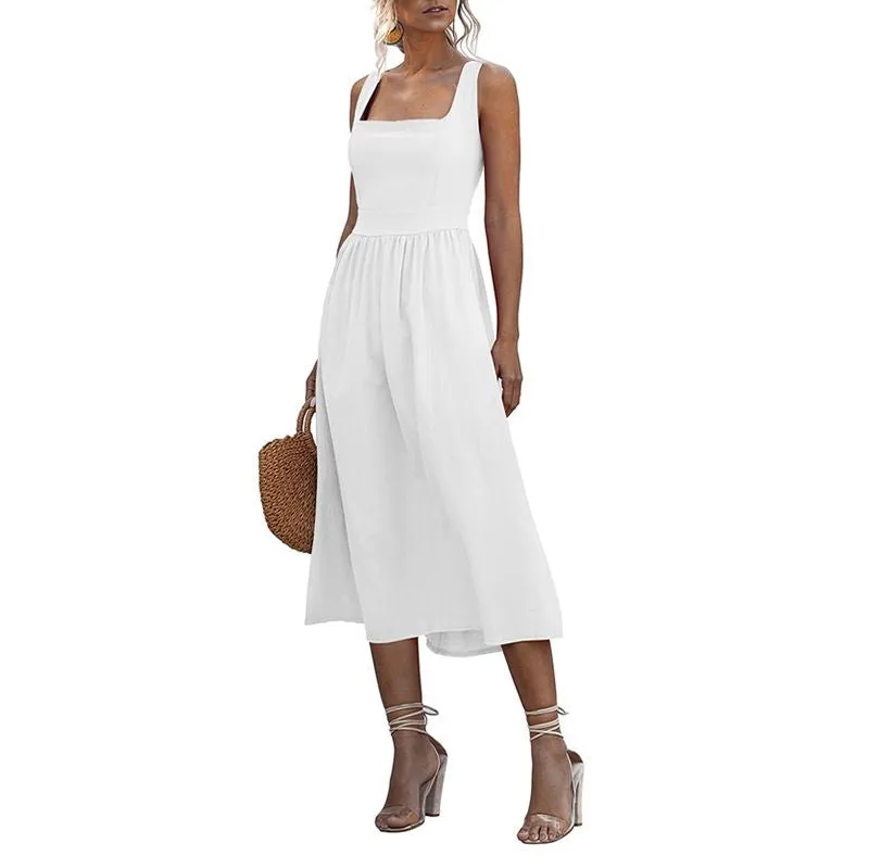 Slim Fit Wide Strap Square Neck Ruched Waist Midi Dress