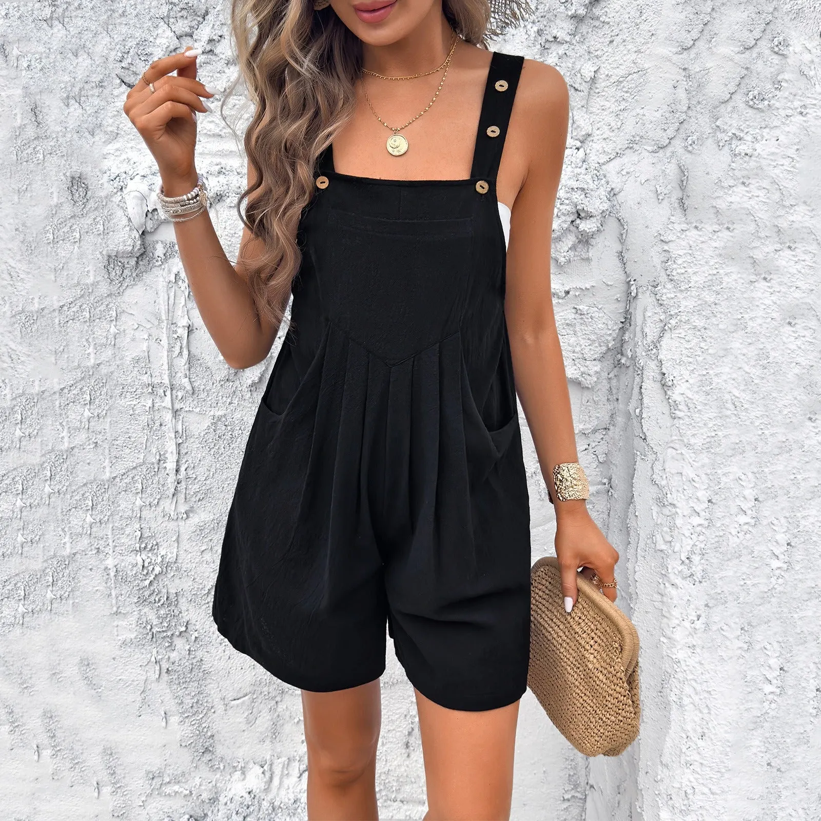 Solid Color Pleated Wide Leg Overall Romper (5 colors)