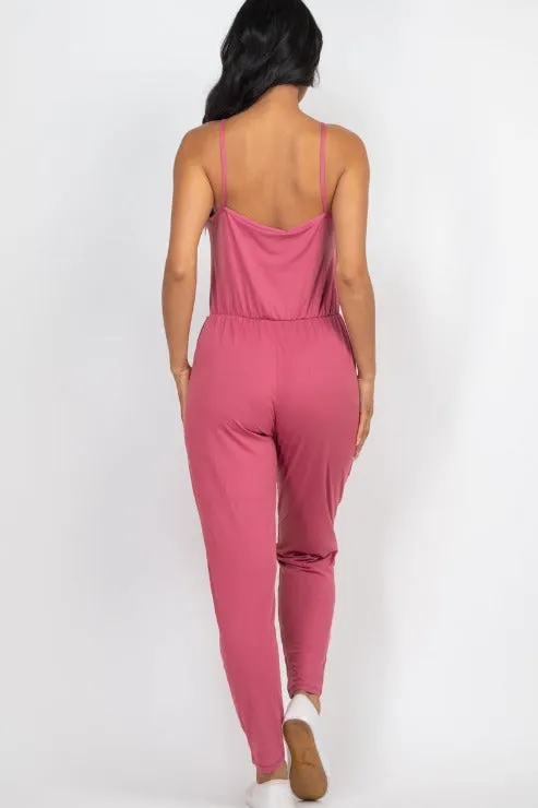 Solid Spaghetti Strap Elastic Waist Jumpsuit