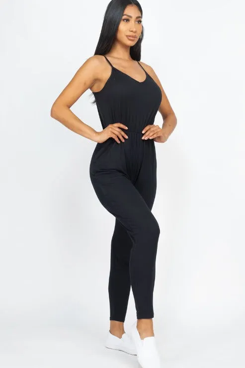 Solid Spaghetti Strap Elastic Waist Jumpsuit