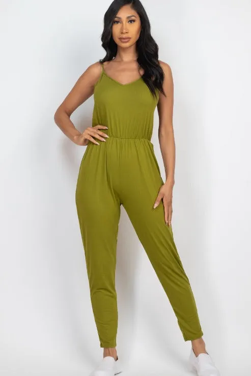 Solid Spaghetti Strap Elastic Waist Jumpsuit