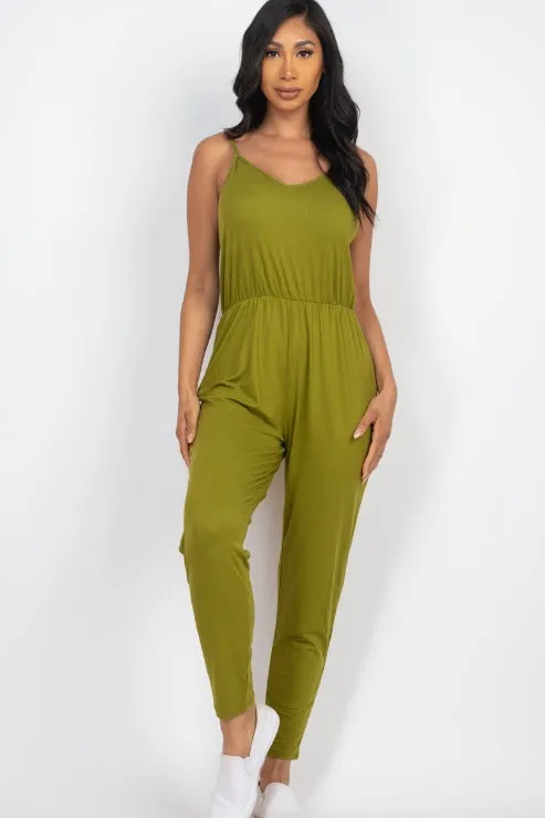 Solid Spaghetti Strap Elastic Waist Jumpsuit