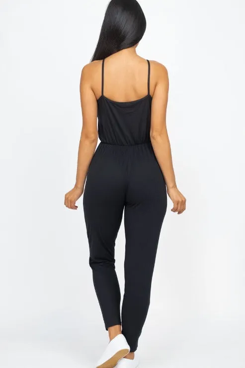 Solid Spaghetti Strap Elastic Waist Jumpsuit