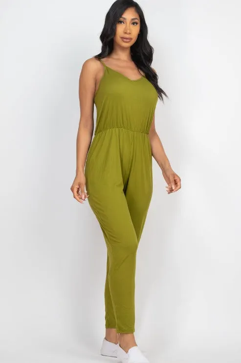 Solid Spaghetti Strap Elastic Waist Jumpsuit