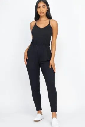 Solid Spaghetti Strap Elastic Waist Jumpsuit