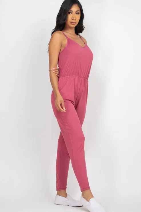 Solid Spaghetti Strap Elastic Waist Jumpsuit