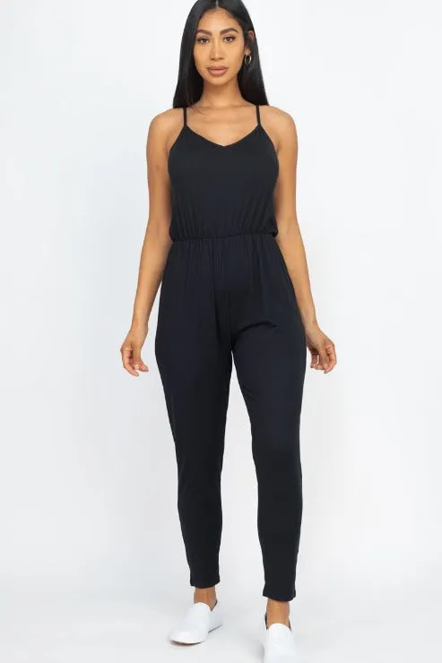 Solid Spaghetti Strap Elastic Waist Jumpsuit