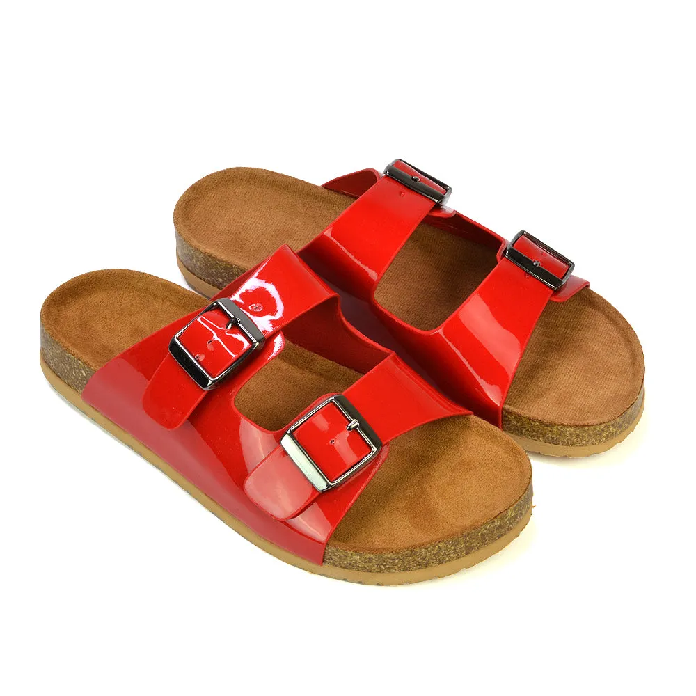 Star Double Buckle Strap Flat Slider Casual Footbed Summer Mule Sandals in Red Patent