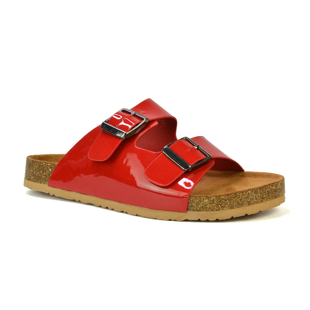 Star Double Buckle Strap Flat Slider Casual Footbed Summer Mule Sandals in Red Patent