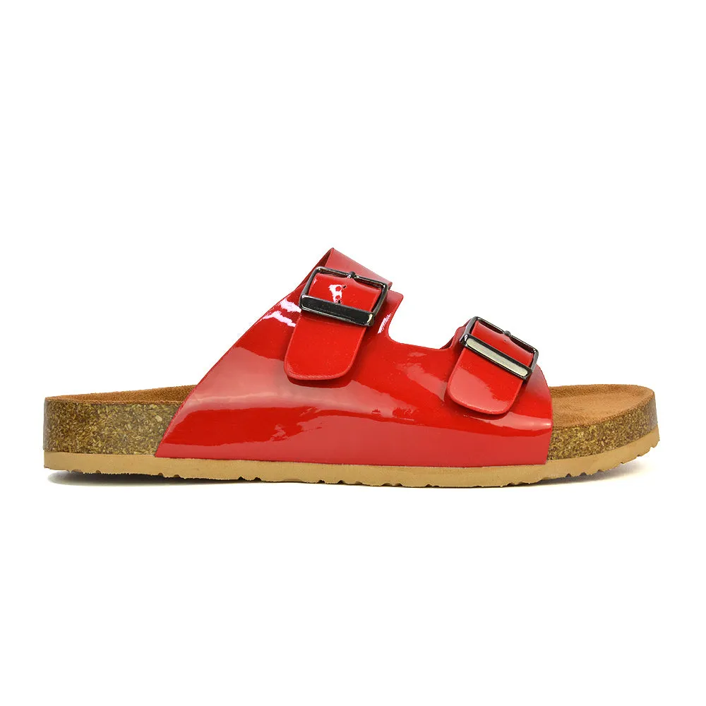 Star Double Buckle Strap Flat Slider Casual Footbed Summer Mule Sandals in Red Patent