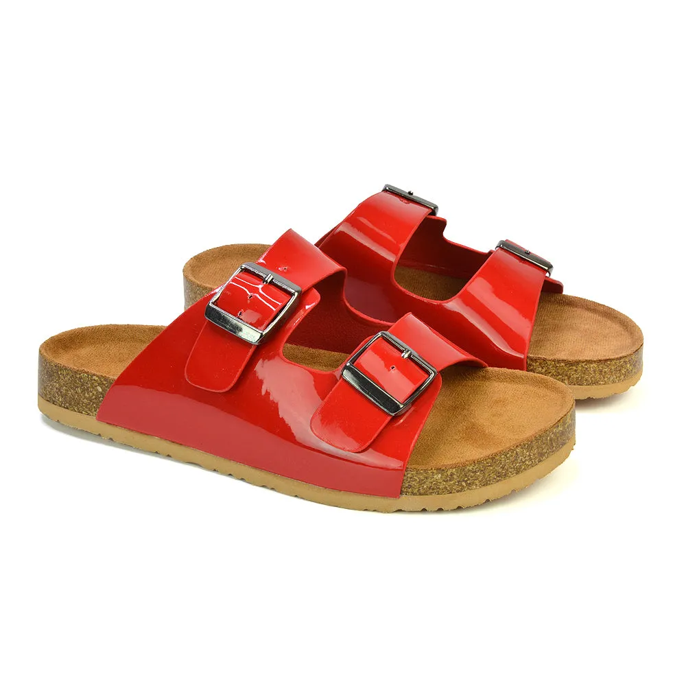 Star Double Buckle Strap Flat Slider Casual Footbed Summer Mule Sandals in Red Patent