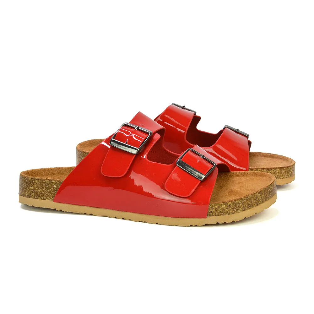 Star Double Buckle Strap Flat Slider Casual Footbed Summer Mule Sandals in Red Patent