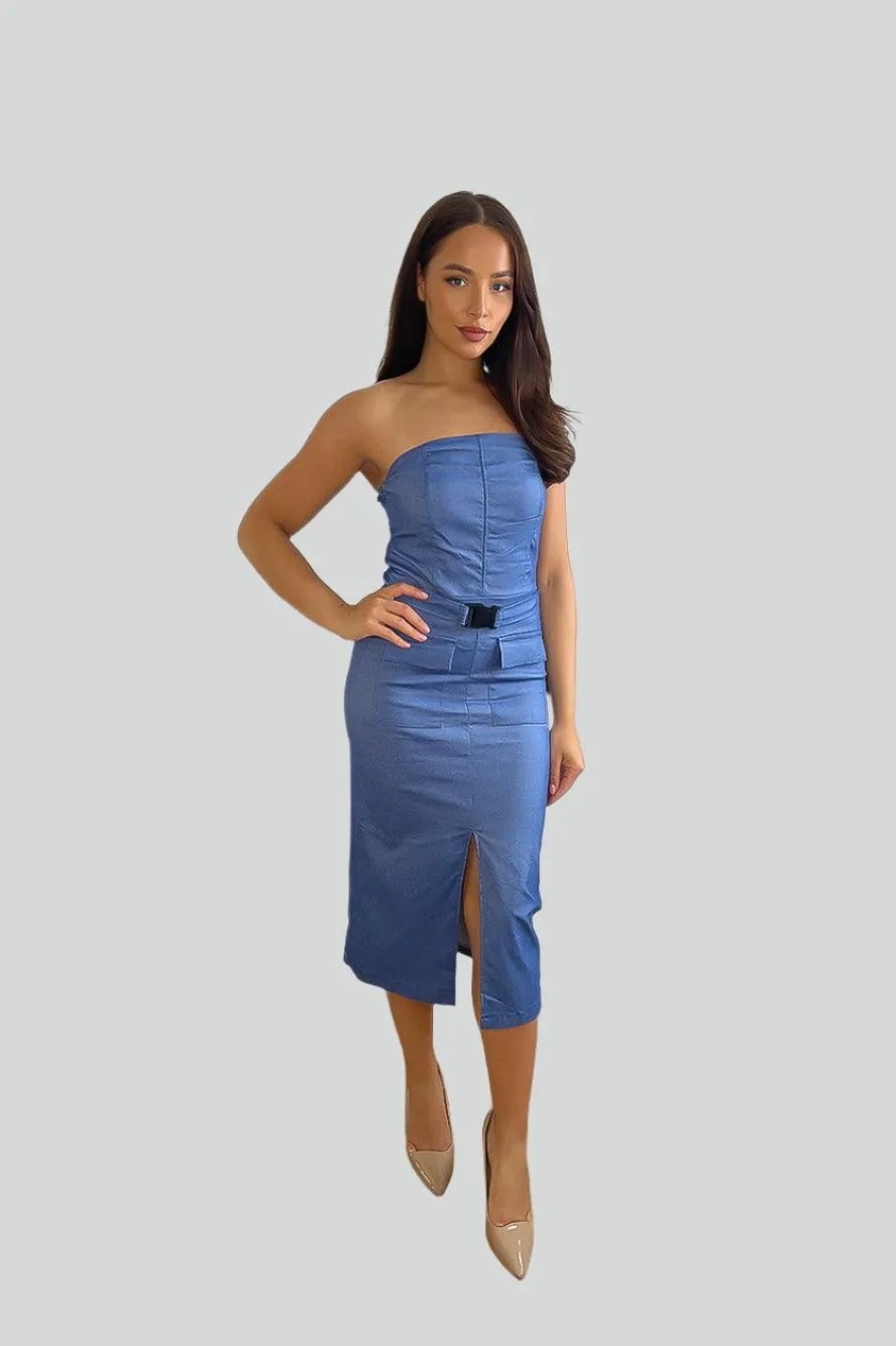 Stretchy Bandeau Belted Slit Cargo Dress