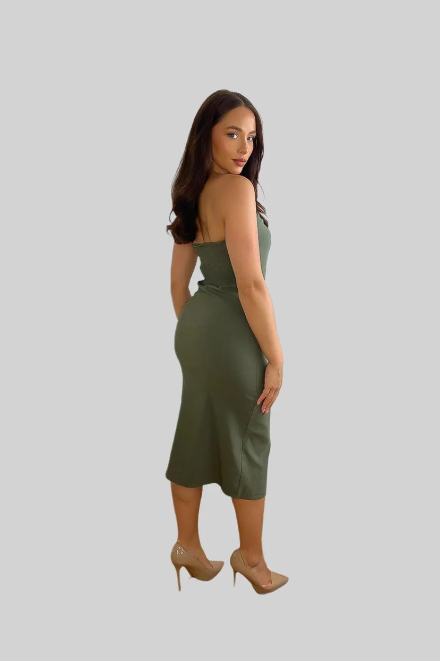 Stretchy Bandeau Belted Slit Cargo Dress