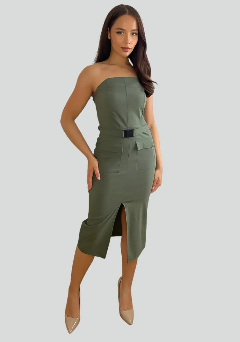 Stretchy Bandeau Belted Slit Cargo Dress