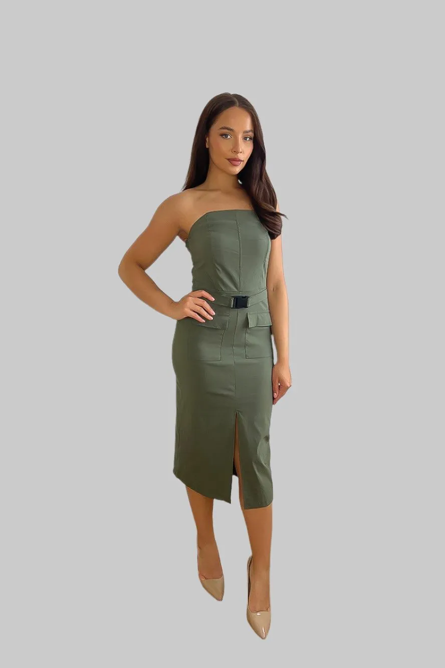 Stretchy Bandeau Belted Slit Cargo Dress