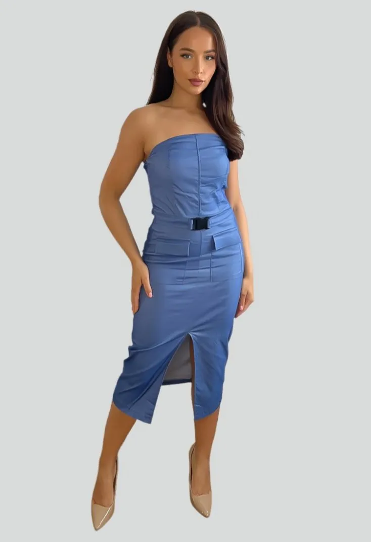 Stretchy Bandeau Belted Slit Cargo Dress