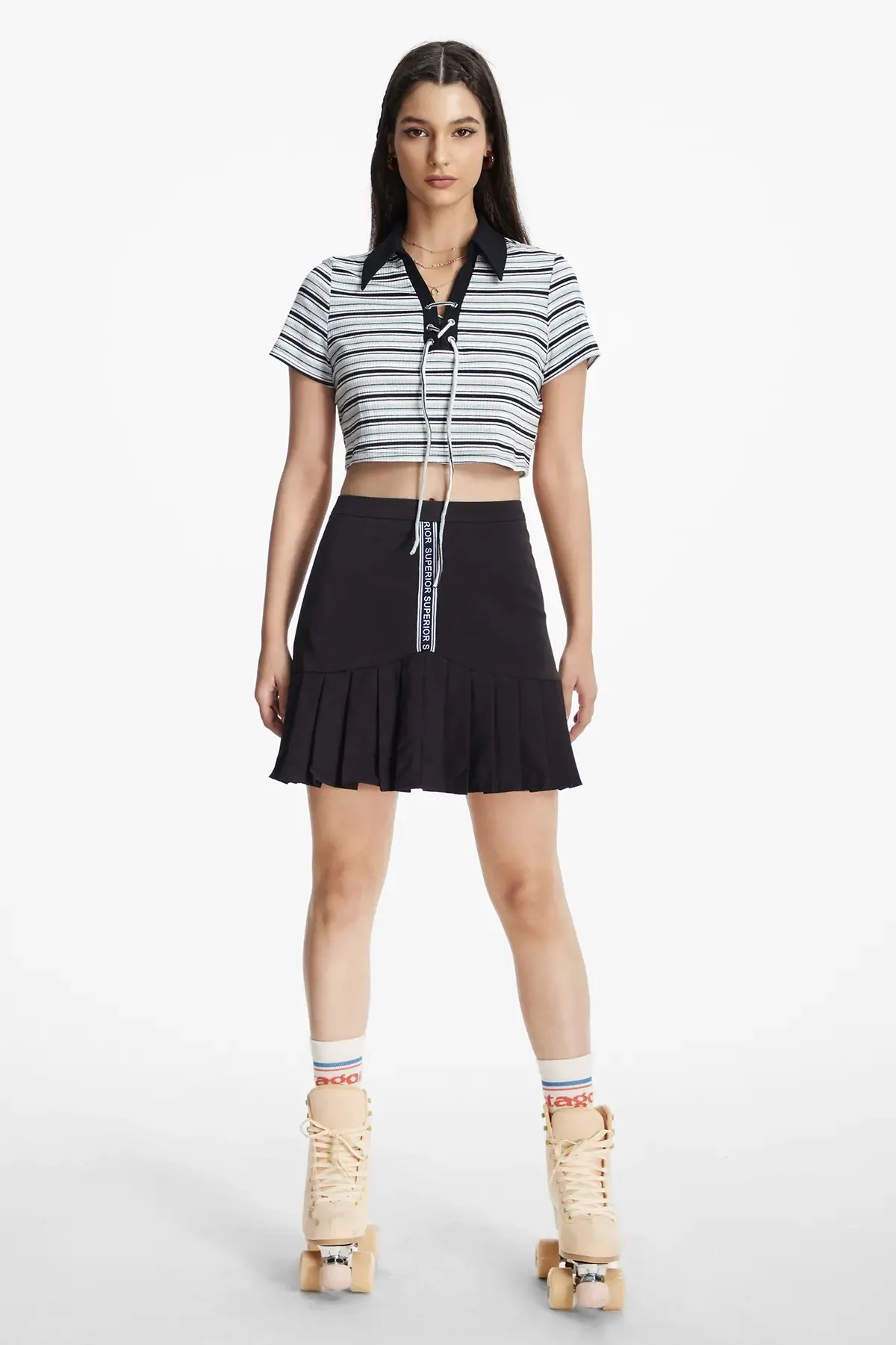 Striped  Lace Up Collar Neck Crop Top