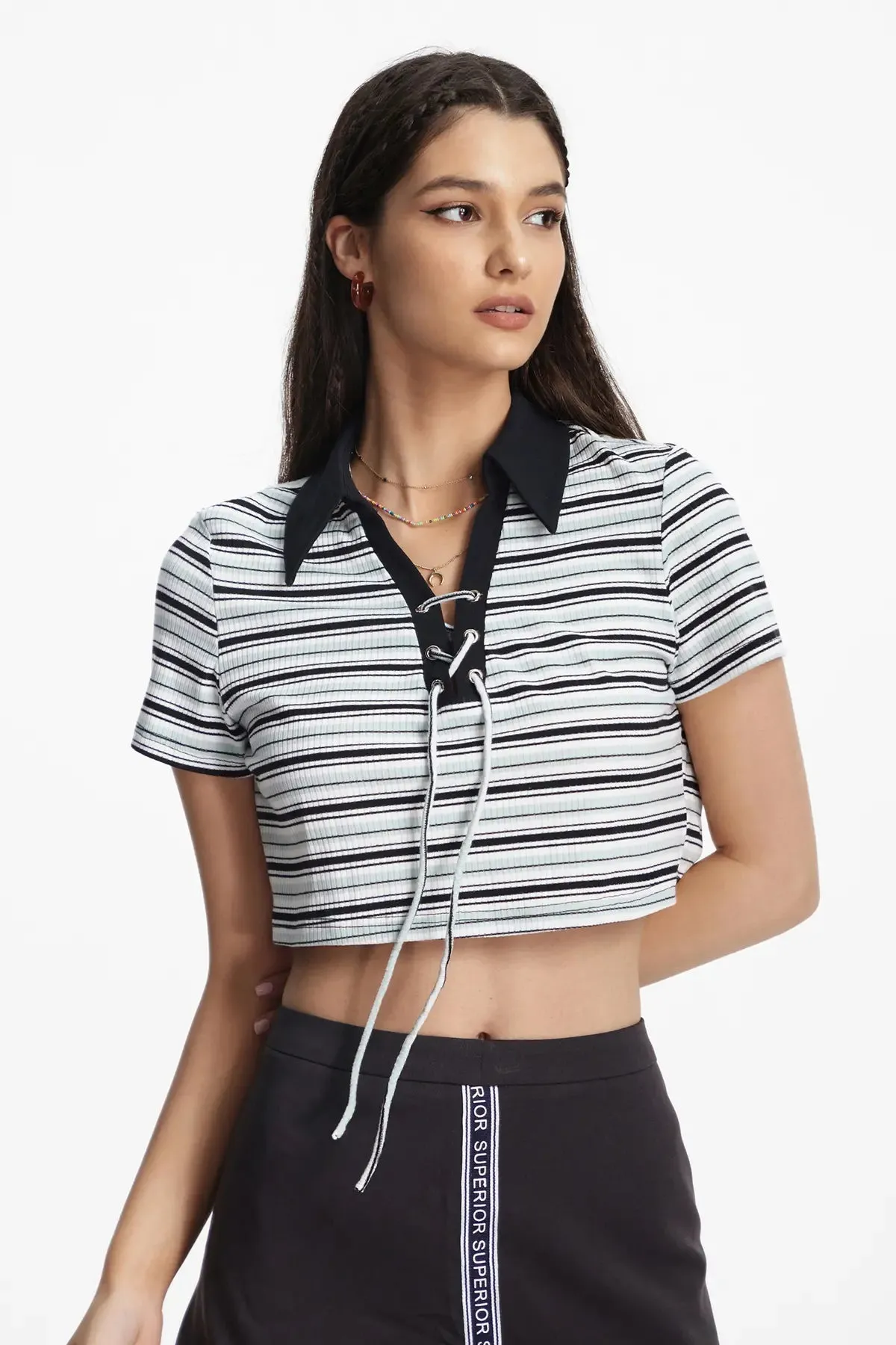 Striped  Lace Up Collar Neck Crop Top