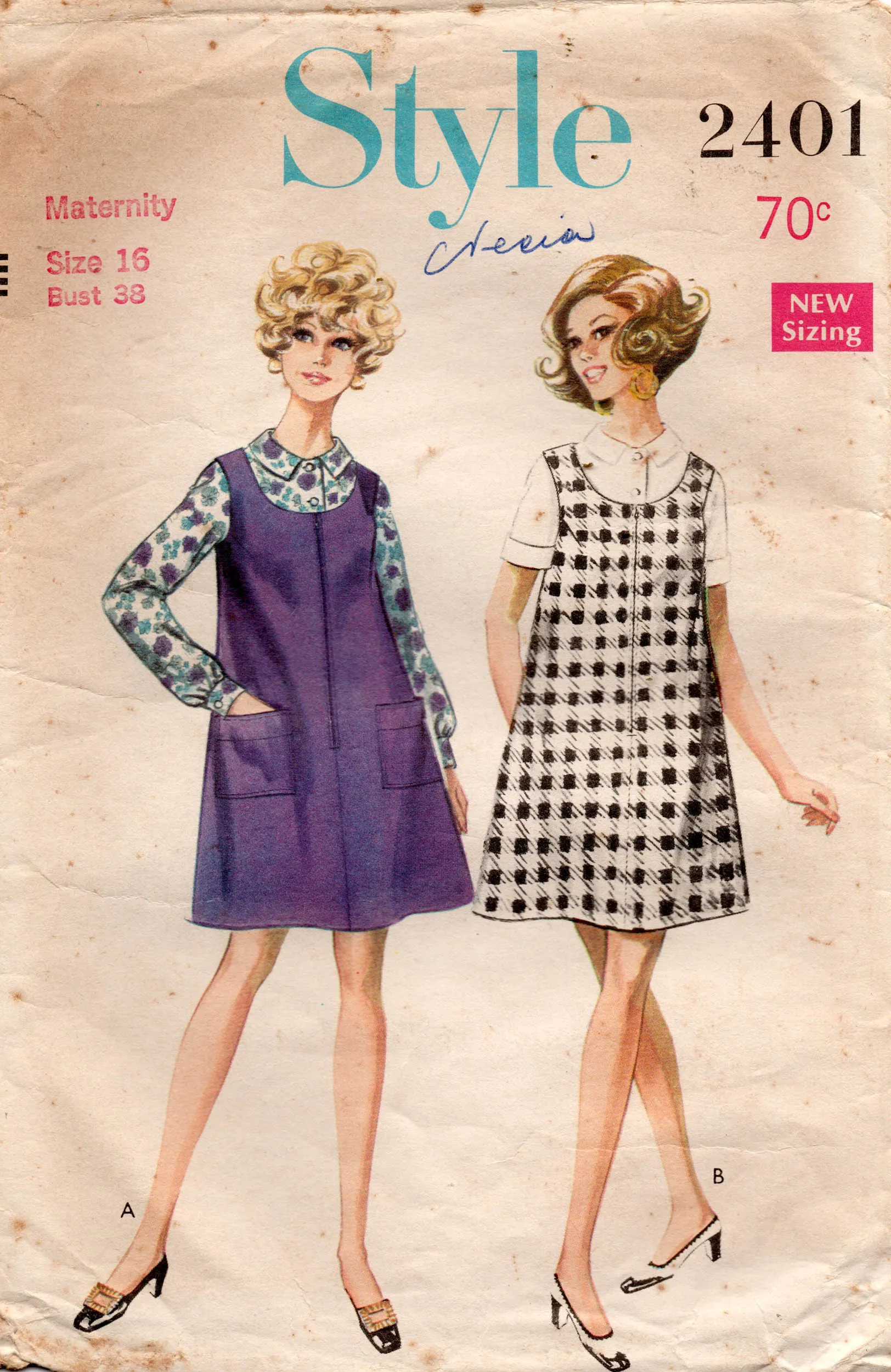 Style 2401 Womens Zip Front Maternity Dress & Blouse 1960s Vintage Sewing Pattern Size 14 Bust 36 inches