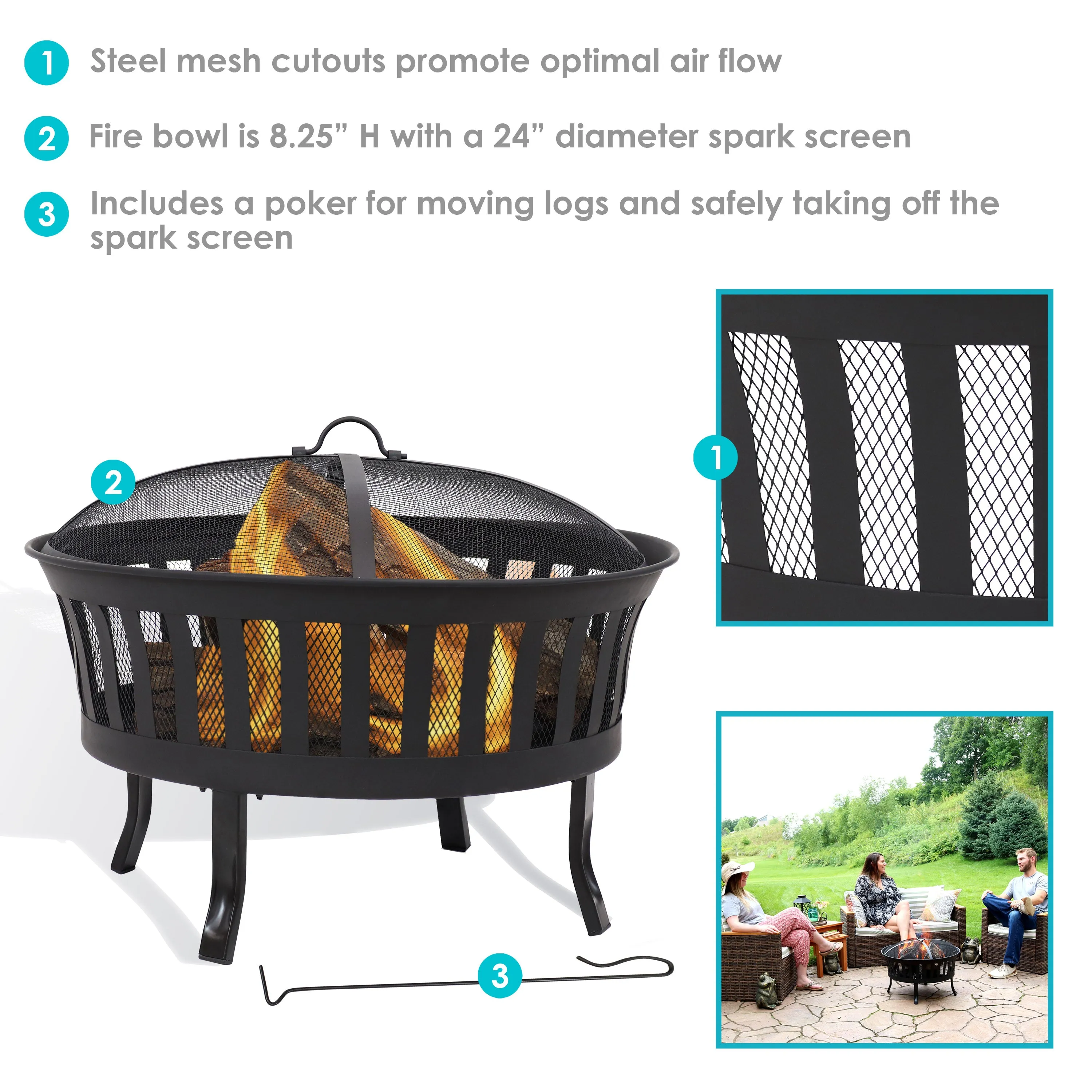 Sunnydaze 25" Steel Mesh Stripe Cutout Fire Pit with Spark Screen