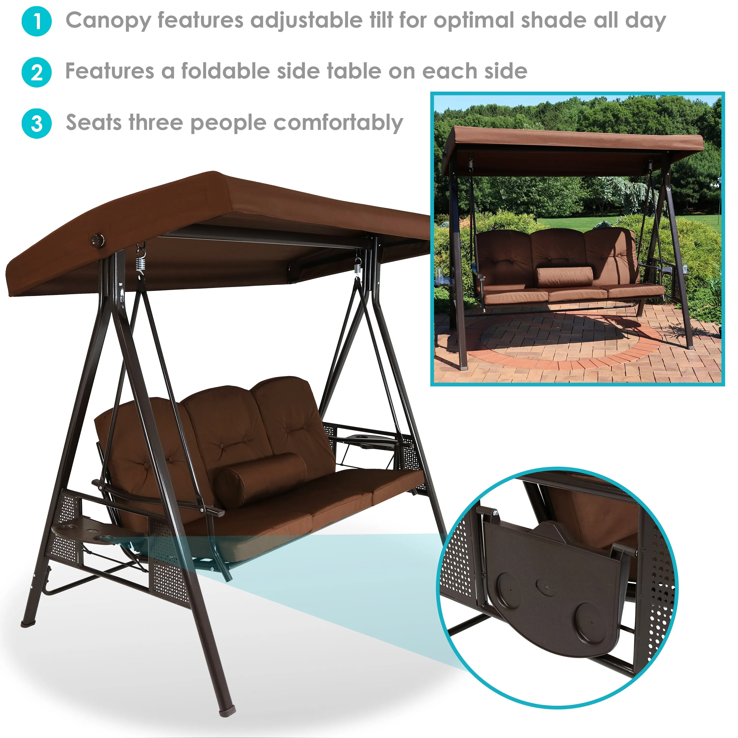 Sunnydaze 3-Person Patio Swing with Adjustable Canopy and Cushions