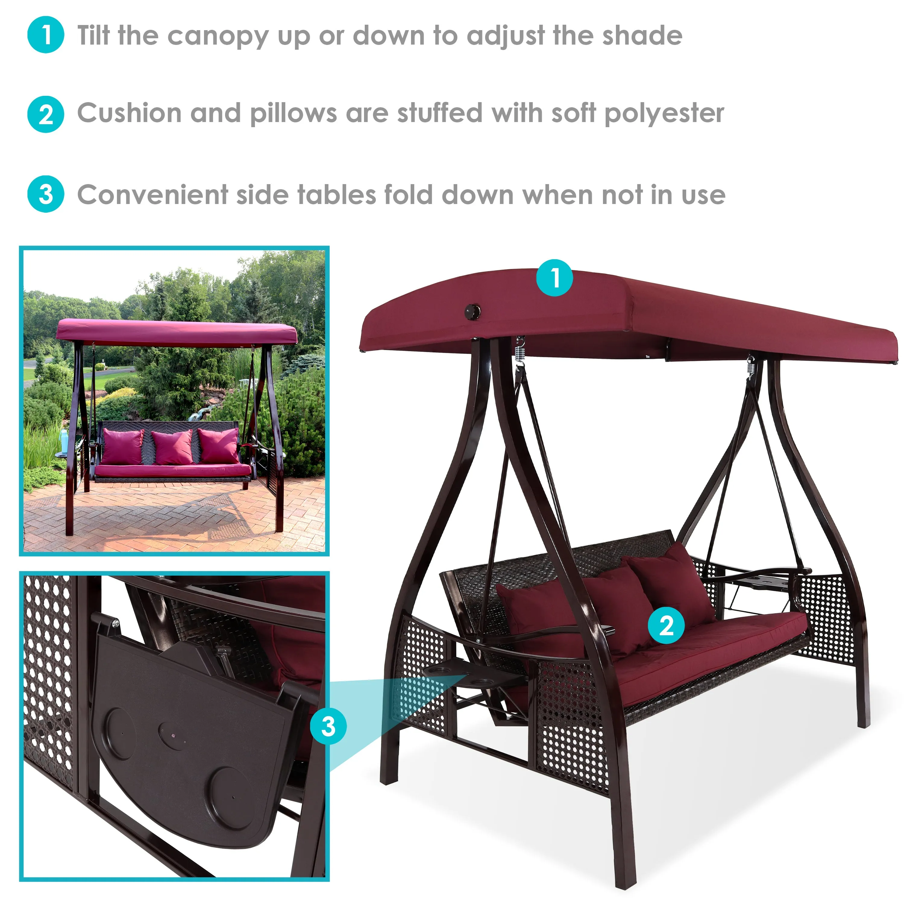 Sunnydaze 3-Person Steel Patio Swing with Side Tables and Canopy - Merlot