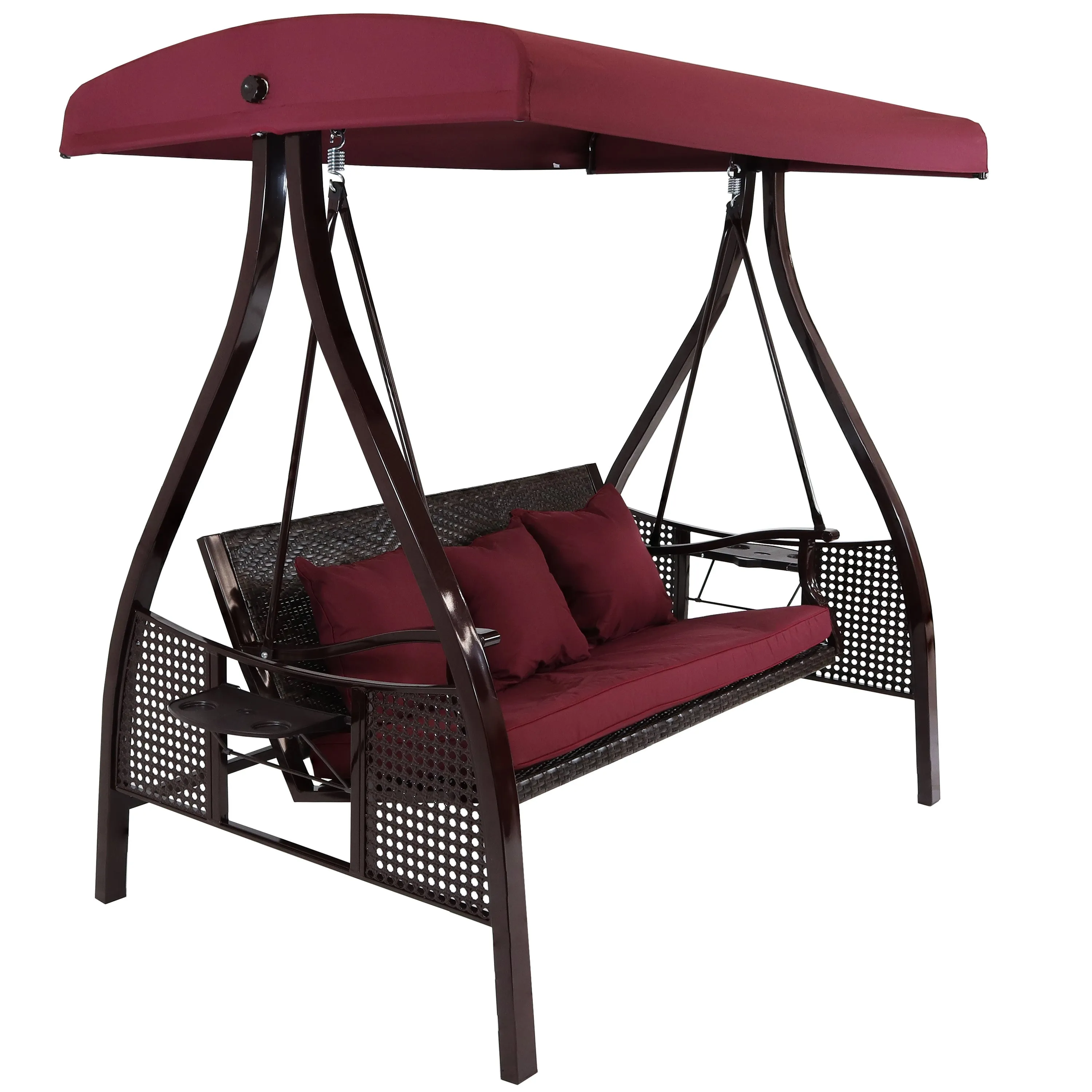 Sunnydaze 3-Person Steel Patio Swing with Side Tables and Canopy - Merlot