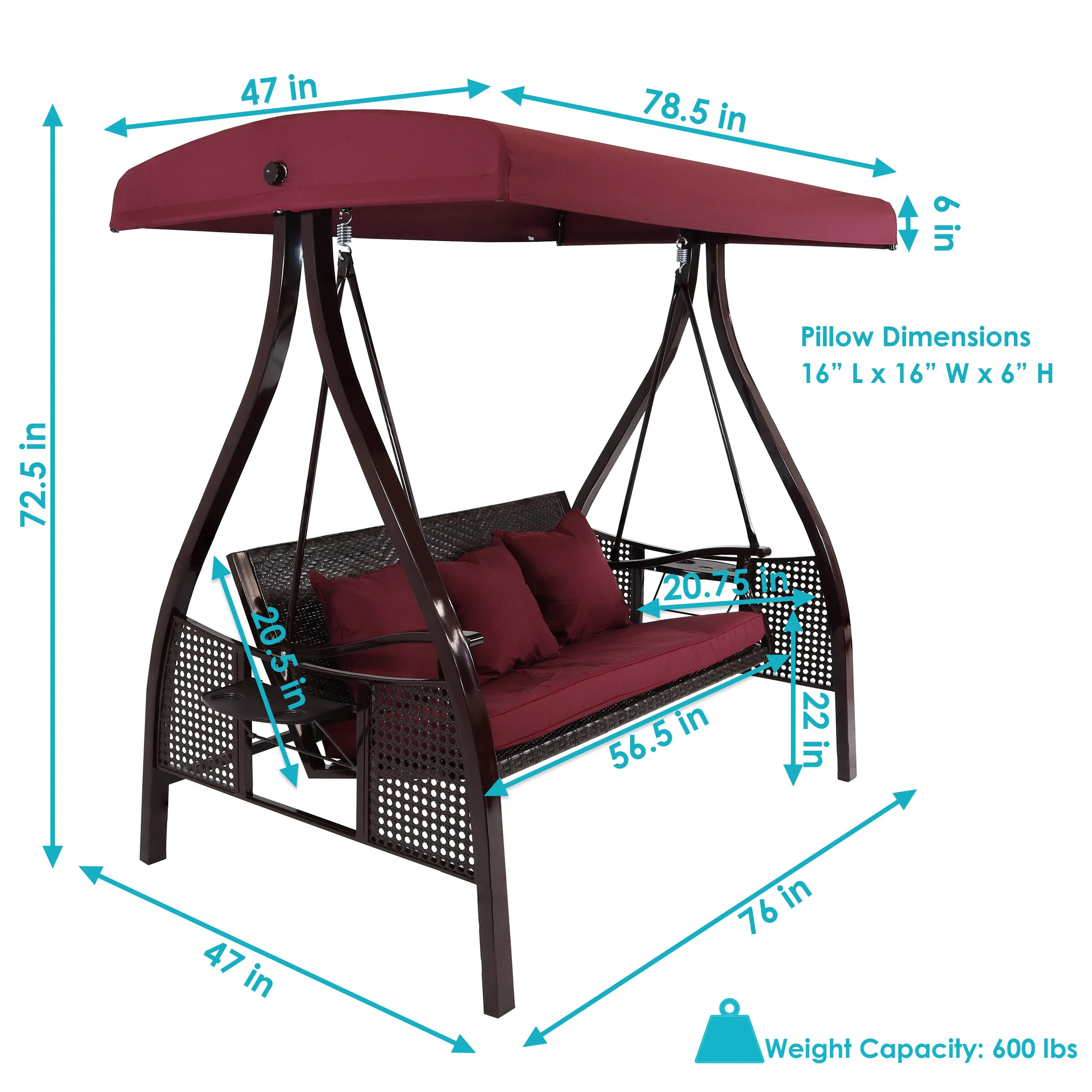 Sunnydaze 3-Person Steel Patio Swing with Side Tables and Canopy - Merlot