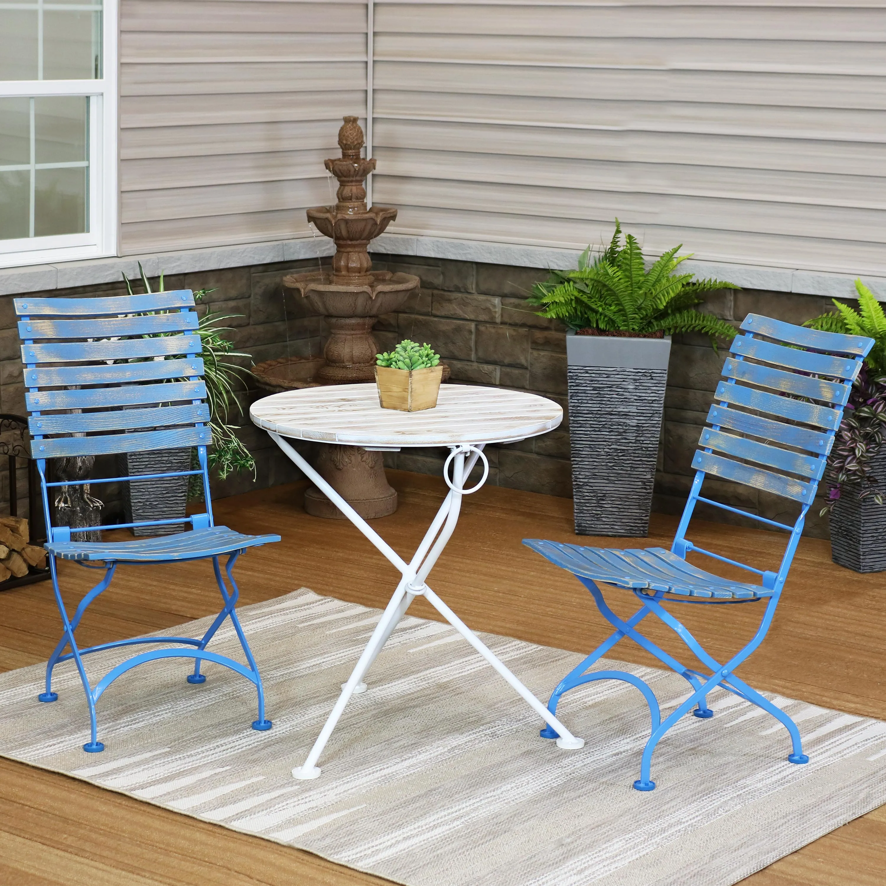 Sunnydaze Café Couleur 3-Piece Wood Folding Bistro Table and Chair Set - Blue