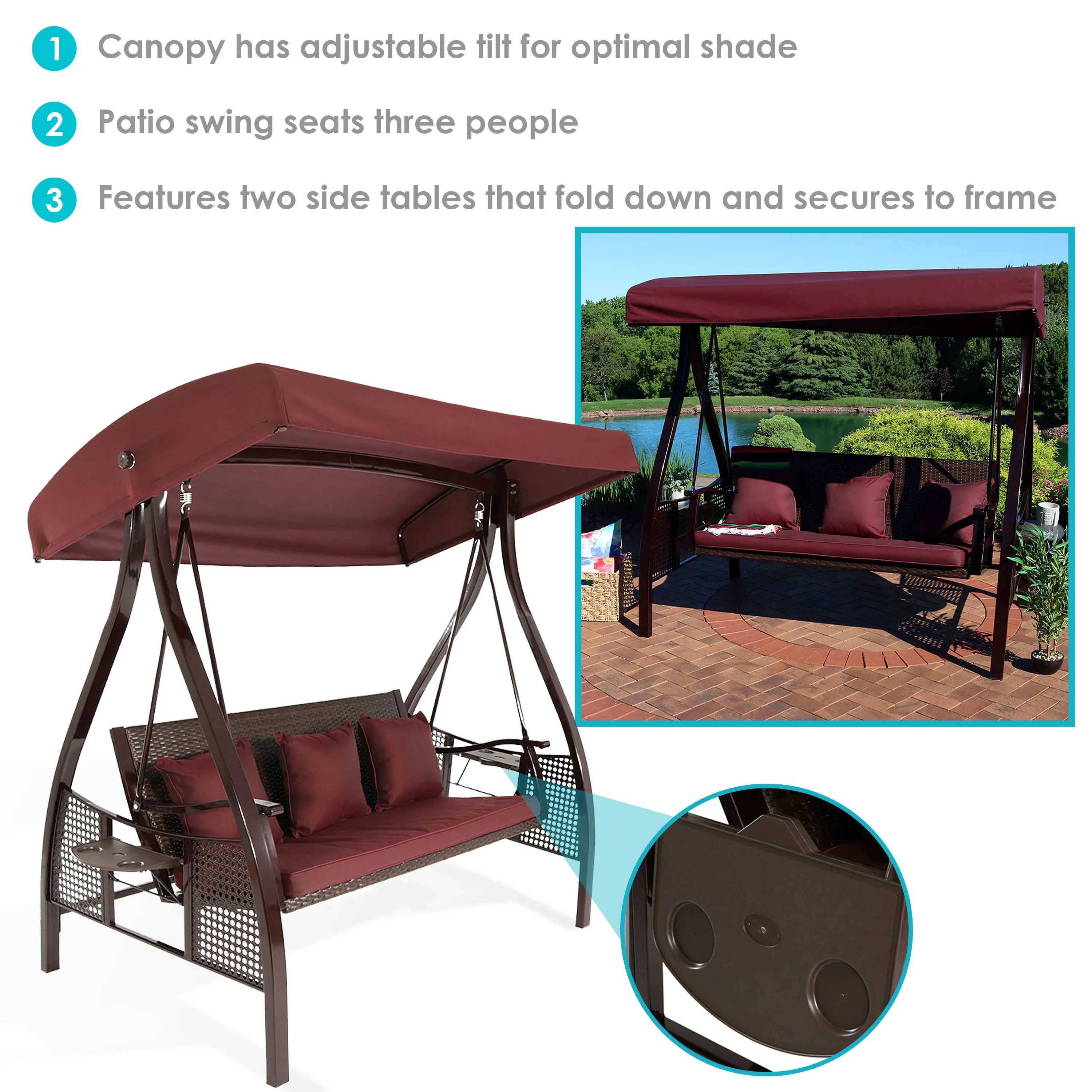 Sunnydaze Deluxe 3-Person Patio Swing with Canopy and Side Tables