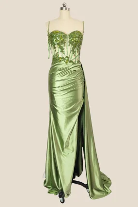 Sweetheart Sage Green Appliques Long Dress