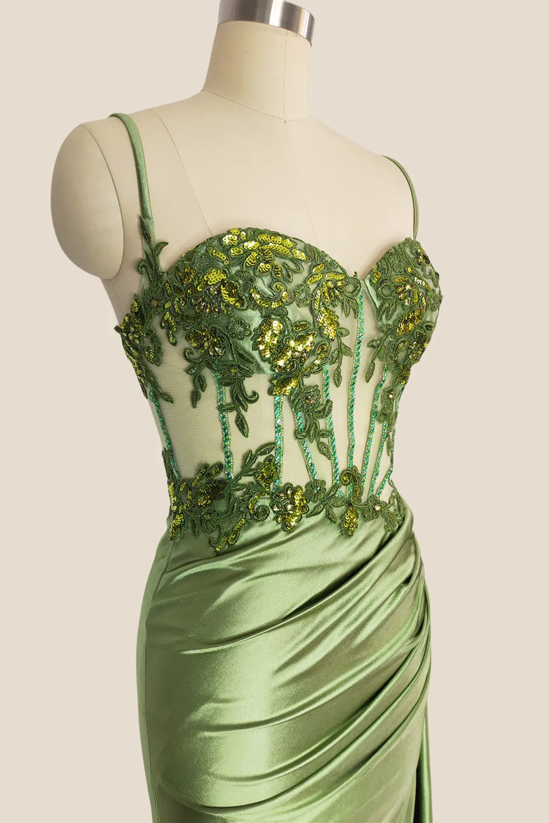 Sweetheart Sage Green Appliques Long Dress