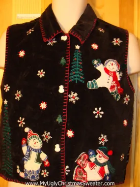 Tacky Ugly Christmas Sweater Party  Vest with Happy Carrot Nosed Snowmen (f372)