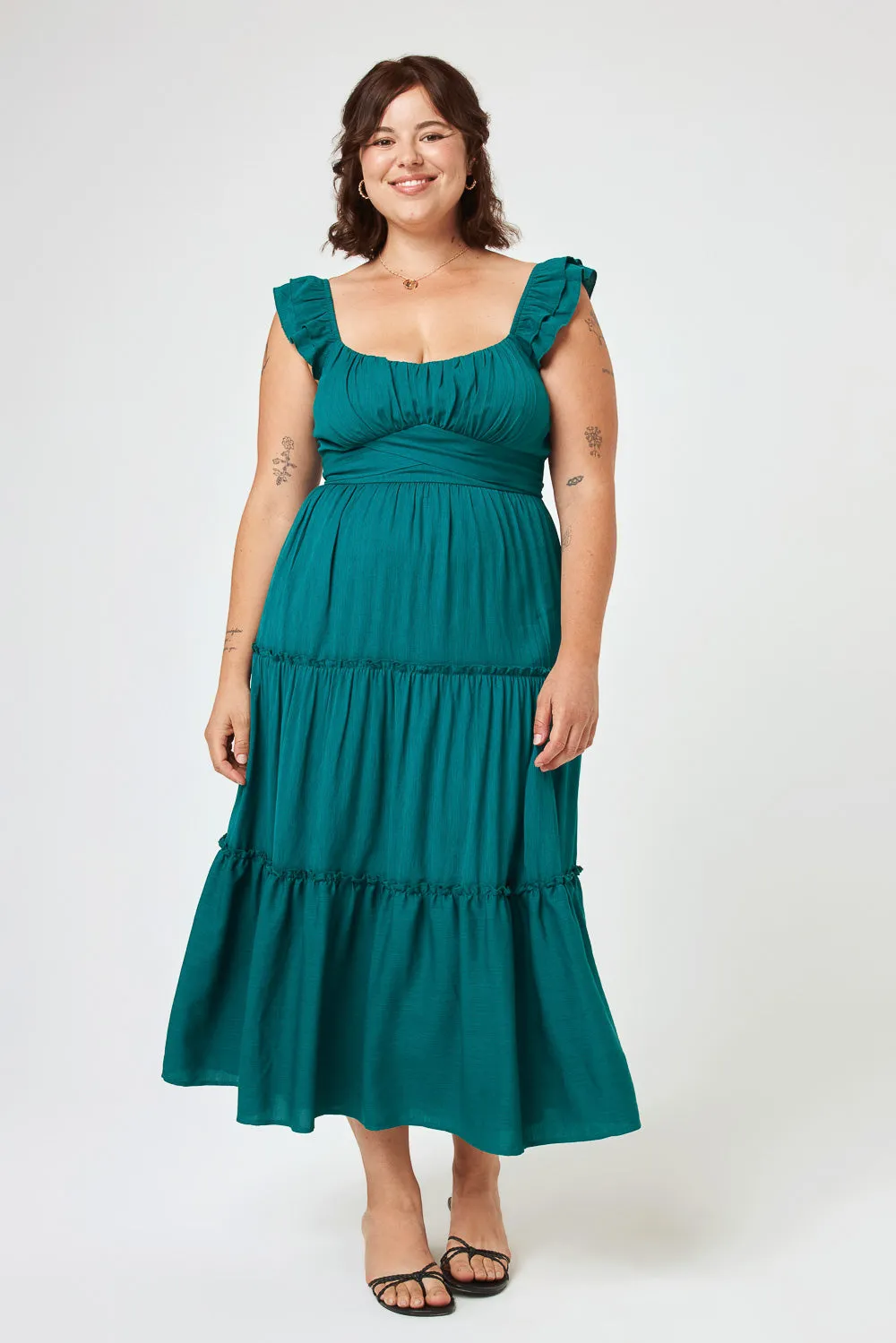 Teal Green Flutter Sleeve Midi Dress