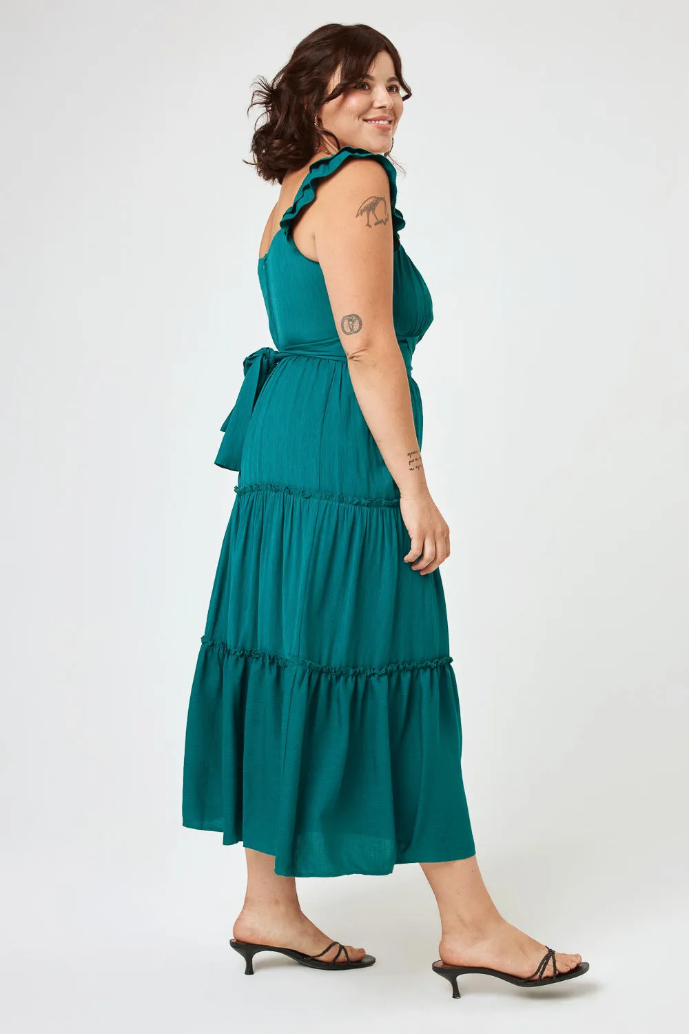 Teal Green Flutter Sleeve Midi Dress