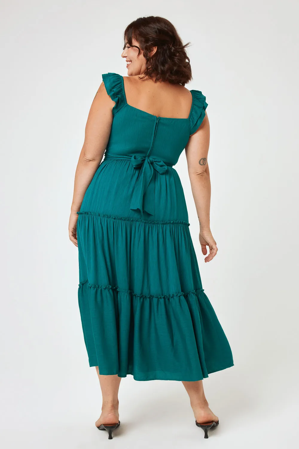 Teal Green Flutter Sleeve Midi Dress