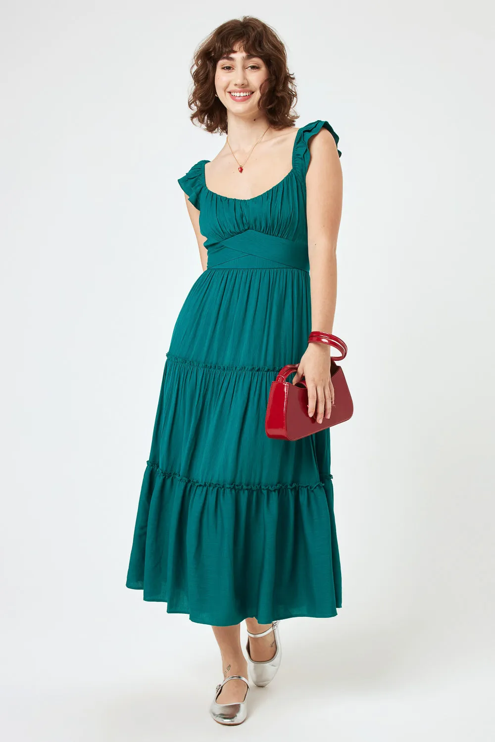 Teal Green Flutter Sleeve Midi Dress