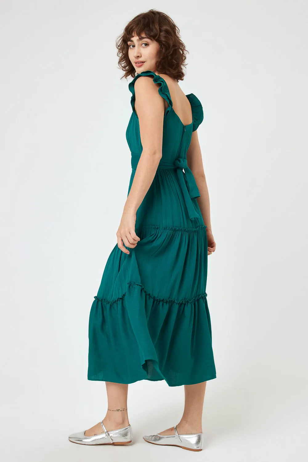 Teal Green Flutter Sleeve Midi Dress