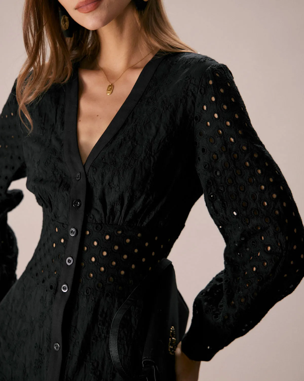 The Black V Neck Cutout Embroidery Midi Dress