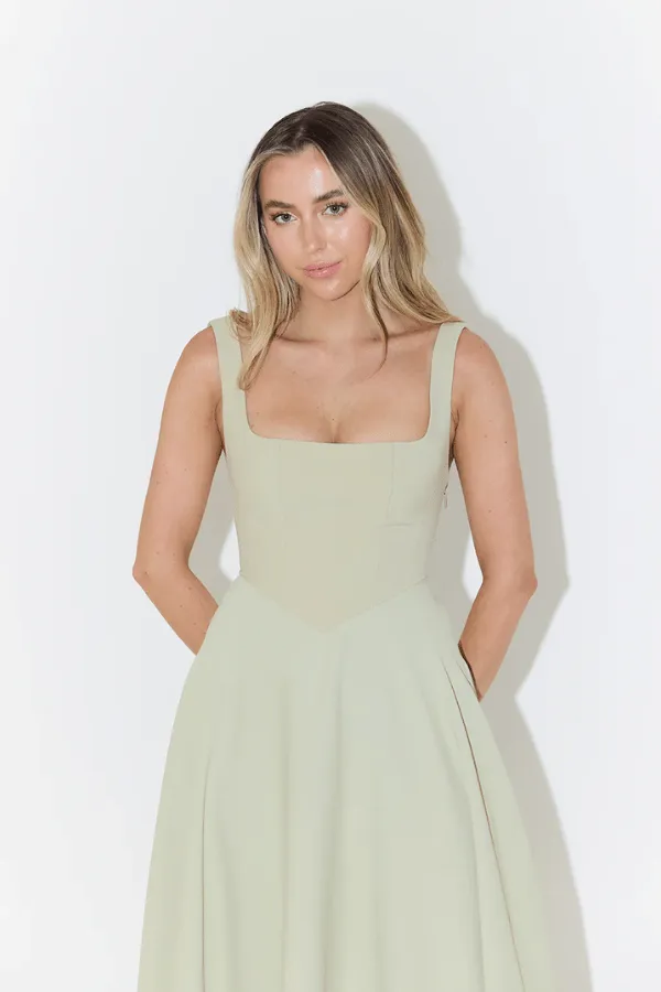 The Ultimate Muse High Waist Square Neck Midi Dress Sage