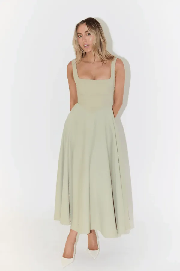 The Ultimate Muse High Waist Square Neck Midi Dress Sage