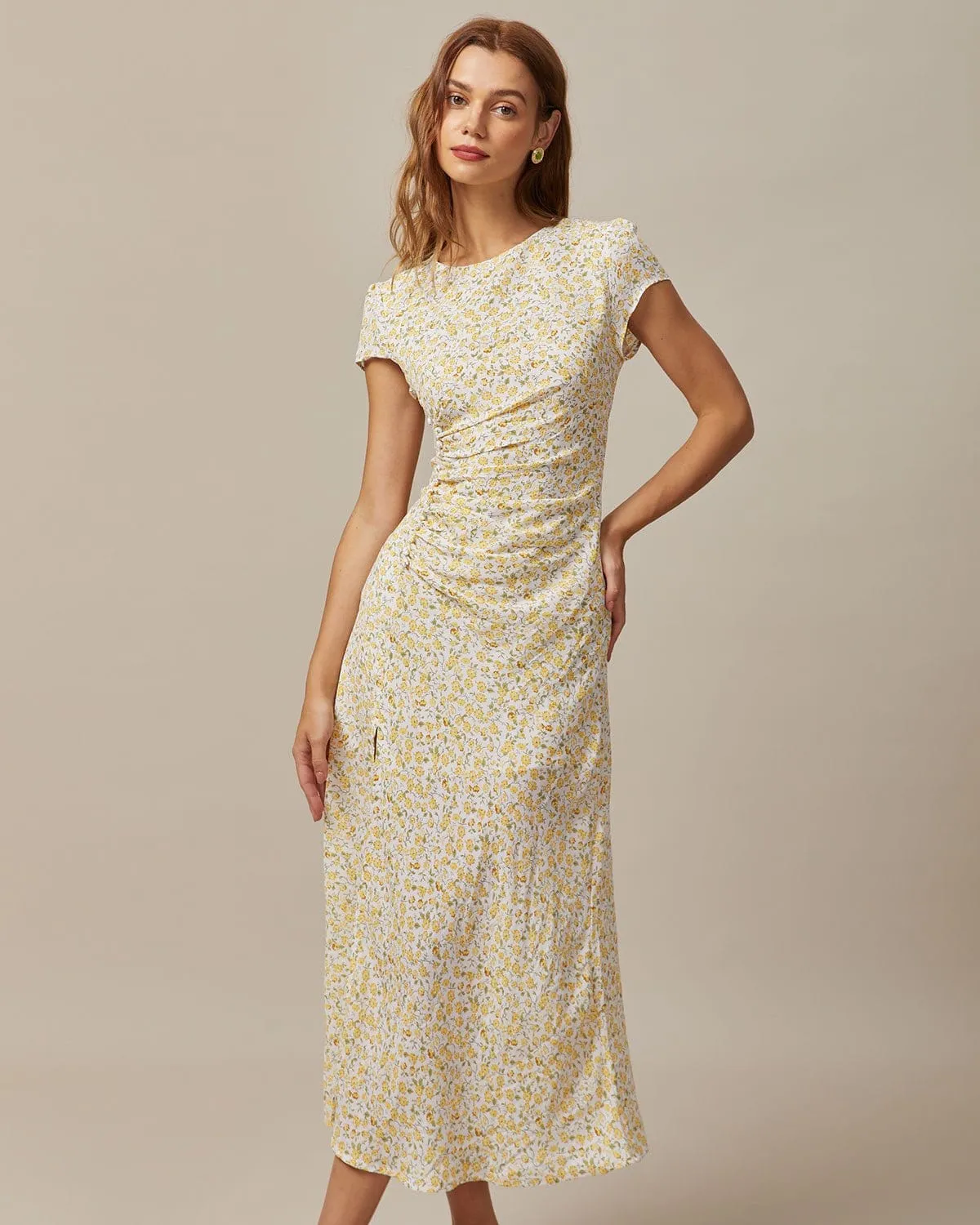 The Yellow Round Neck Floral Midi Dress