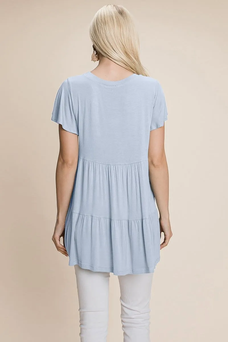 Tiered Pleated Ruffle Tunic Shirt Mini Dress